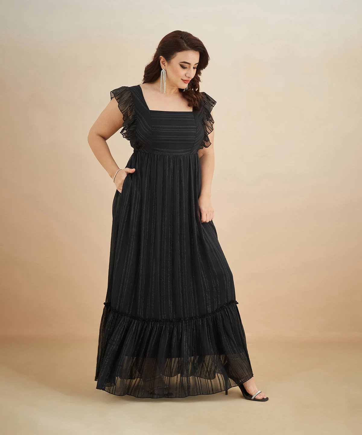 Miss Chase Women Tiered Black Maxi/Full Length Dress